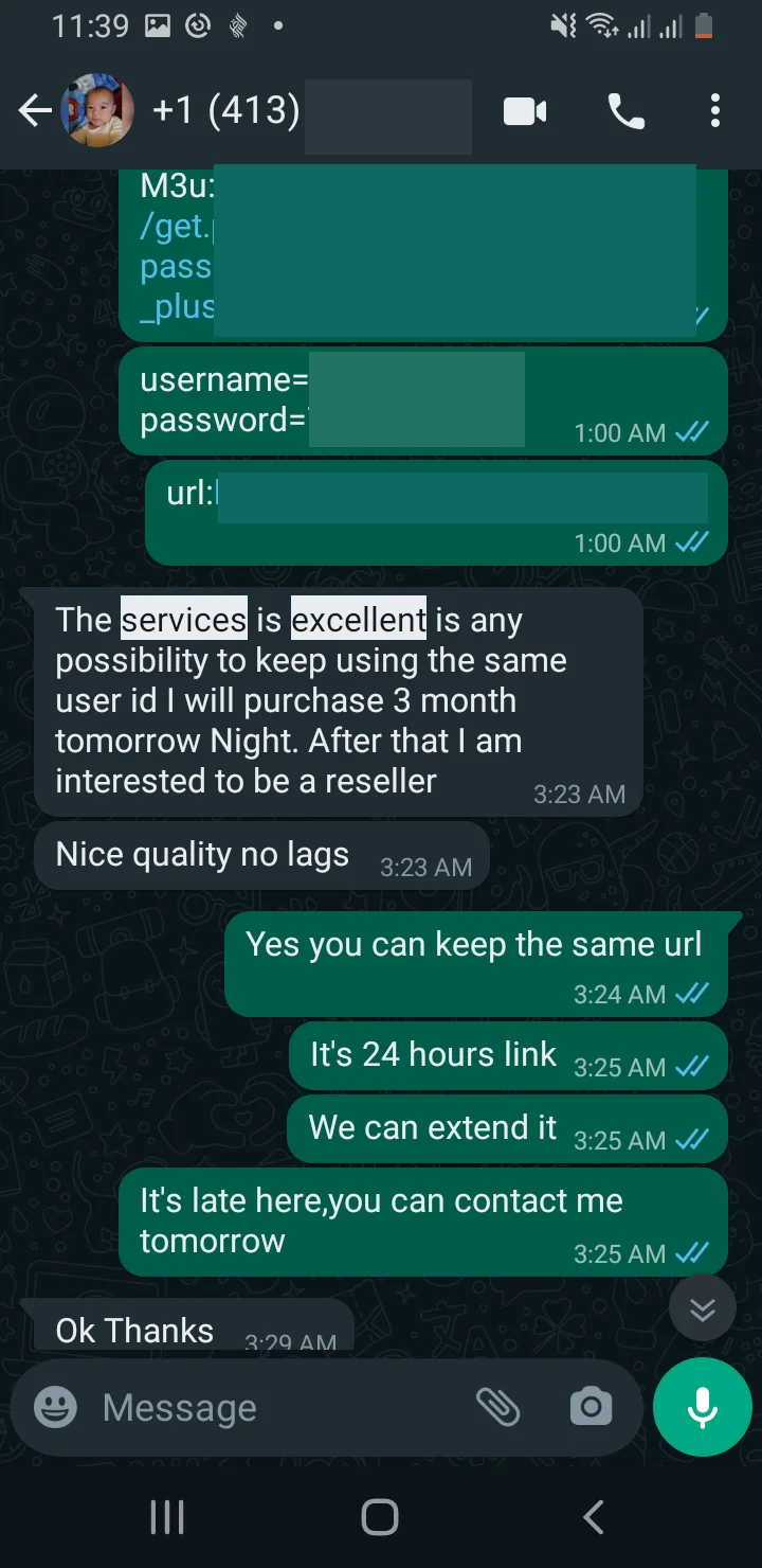 WhatsApp message review showing satisfied IPTV subscriber and successful setup