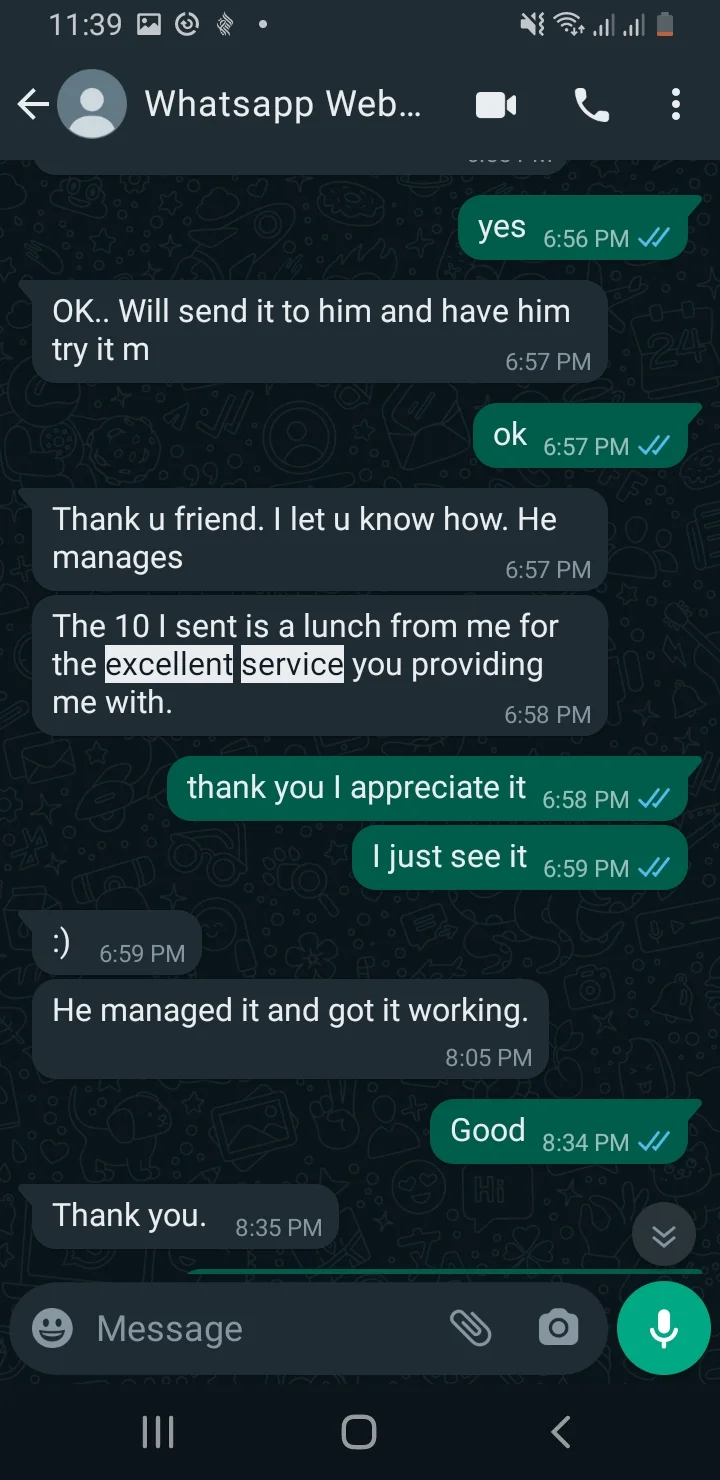 Customer WhatsApp review confirming excellent IPTV service and fast activation