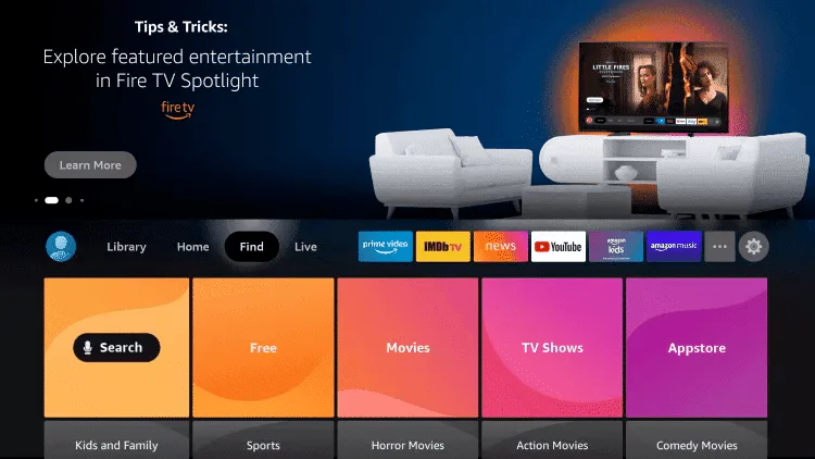 Fire TV Stick home screen showing Find menu for installing IPTV Smarters Pro app