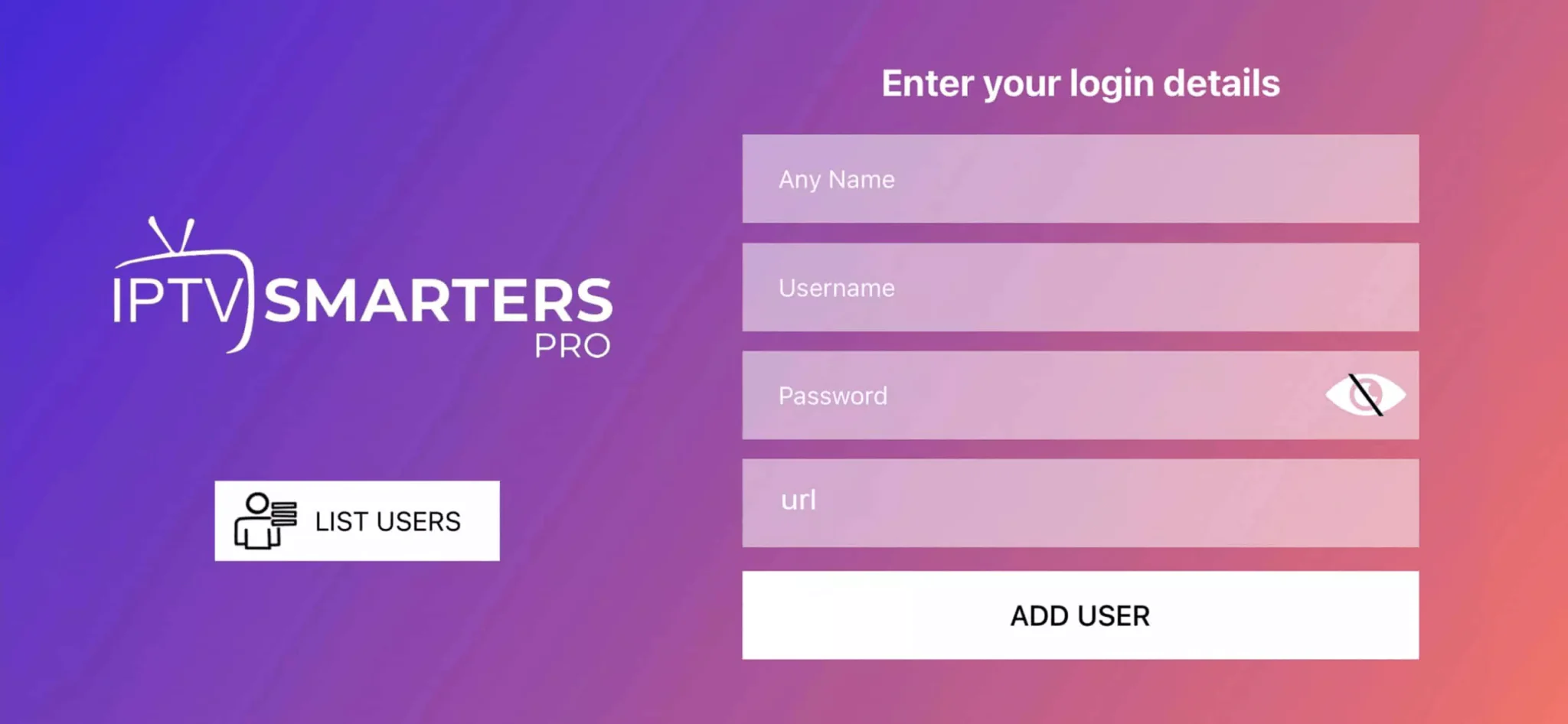 IPTV Smarters Pro app login interface used to set up IPTV on Android devices
